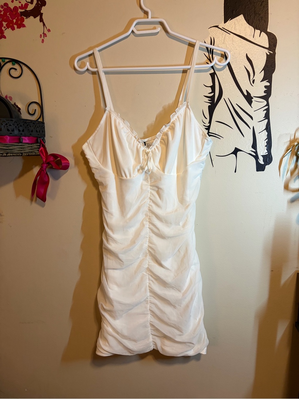 White Ruched Spaghetti-Strap Mini Dress - Picture 7 of 8